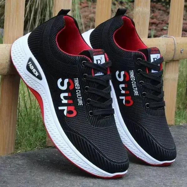 Mens Non-Slip Sneakers | Reflective Hand-Painted Mid-Top Casual Shoes in Black, Black Red, SUP Black, SUP Black Red