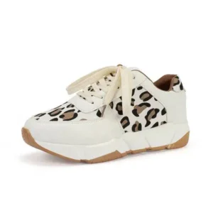 Lipasij Women Fashion Autumn And Winter Leopard Leather Stitching Sneakers