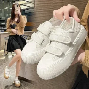 Lipasij Women Fashion Round Toe Thick Sole Velcro Pu Sneakers