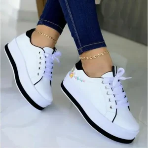 Lipasij Women'S Fashion Round Toe Thick Sole Shallow Lace-Up Casual Sneakers