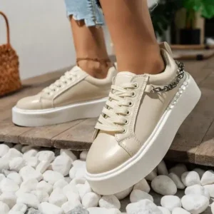 Lipasij Women'S Fashion Round Toe Chain Lace Up Low Top Solid PU Thick-Soled Sneakers