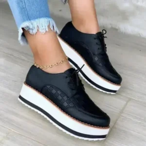 Lipasij Women'S Fashion Vintage Lace-Up Solid Color Flat Slip-On PU Sneakers Shoes