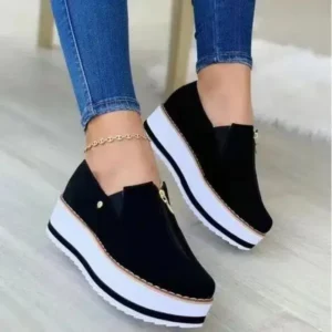 Lipasij Women Fashion Retro Style Elastic Band Thick Sole Solid Color Mid-Slip Sneakers