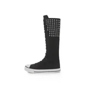 Lipasij Women Fashion Rivet Decor Side Zipper Canvas High Boots