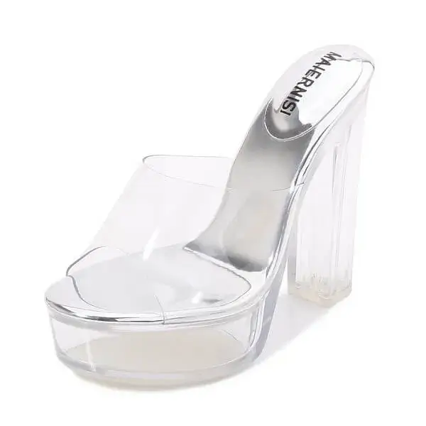 Lipasij Women Fashion Plus Size Transparent Crystal Chunky Heel Platform High