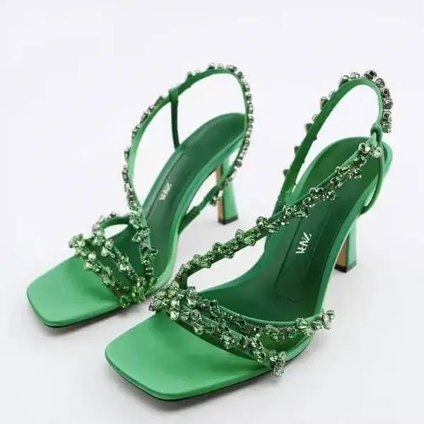 Lipasij Women Fashion Plus Size Sexy Rhinestone Strap Square Toe Heeled Sandals