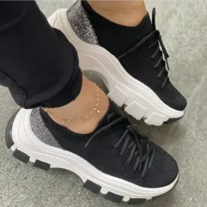 Lipasij Wedge Heel Flying Woven Colorblock Lace-Up Sneakers Large Size Casual Low Top Women Shoes