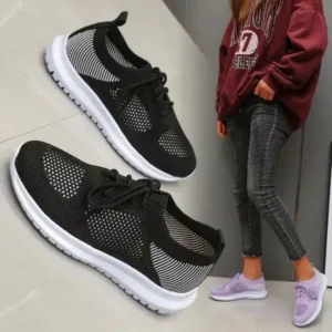 Lipasij Women Casual Sports Lace-Up Design Mesh Breathable Solid Color Sneakers