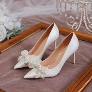 Lipasij Women Fashion Sexy Pointed Satin Pearl Pointed Toe Shoes