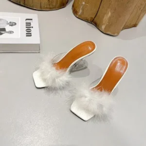 Lipasij Women Fashion Sexy Feather Decoration Solid Color Chunky High Heel Slippers Shoes