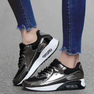 Lipasij Women Casual Sports Lace Up Design Shiny Air Cushion Platform Sneakers