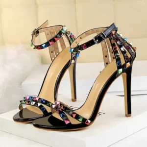 Lipasij Fashion Women Sexy 11cm High Heels Rivets Studded Sandals Ankle Buckle Strap Stiletto Shoes