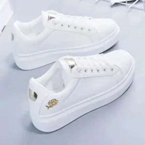 Lipasij Women Casual Fashion Rose Embroidery Thick-Soled Comfortable PU Leather White Sneakers