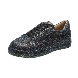 Lipasij Women Creative Casual Sequined Solid Color Lace-Up Low-Top Flat Sneakers