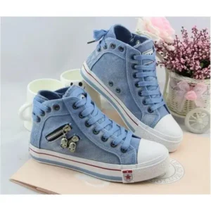 Lipasij Women Casual Spring Zipper Decor Lace-Up High Top Denim Canvas Sneakers