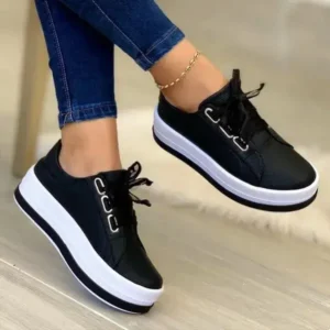 Lipasij Women Casual Round Toe Lace-Up Block Color Platform Shoes PU Sneakers