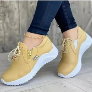 Lipasij Women Casual Round Toe Low Cut Lace-Up PU Side Zipper Design Solid Color Sneakers