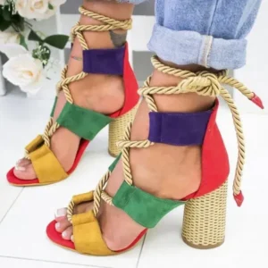 Lipasij Women Fashion Sexy Cross Hollow Lace Up Design Color Blocking High Heel Sandals Shoes