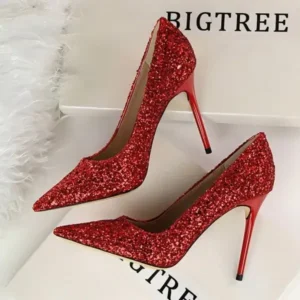 Lipasij Women Sexy Shining Sequins Decor Pointed-Toe Stiletto Shoes Pumps