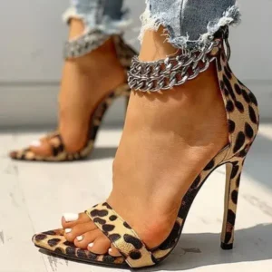 Lipasij Women Sexy Metal Chain Buckle Ankle Strap Animal Printed High Heels