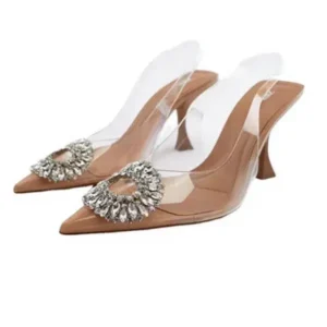 Lipasij Summer Women Fashion Plus Size Pointed Toe Rhinestone Transparent Heeled Sandals