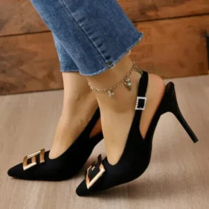 Lipasij Summer Women Fashion Casual Plus Size Solid Color Pointed Toe Metal Buckle Sling Back High Heel Sandals