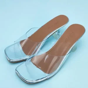 Lipasij Women Fashion Casual Square Toe Transparent Design Mid Heel Slippers