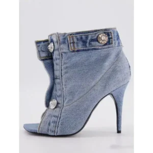 Lipasij Women Fashion High Heel Denim Button High Top Boots