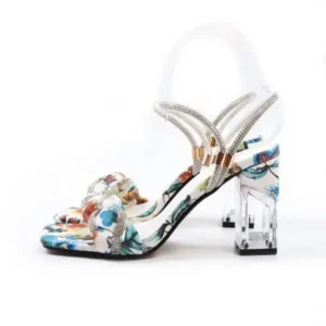 Lipasij Women Fashion Sexy PU Rhinestone Floral Printed Square Toe Chunky Heel ?Sandals