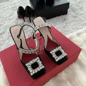 Lipasij Women Fashion Elegant PU Square Toe Rhinestone Stiletto Heel Ankle Strap Buckle Sandals