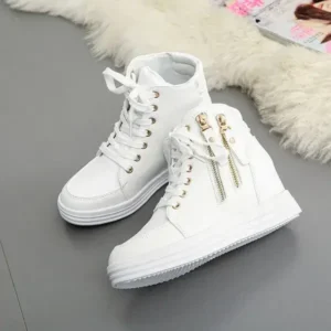 Lipasij Women Fashion Solid Color Side Zipper Lace-Up Round Head Thick-Soled Sneakers