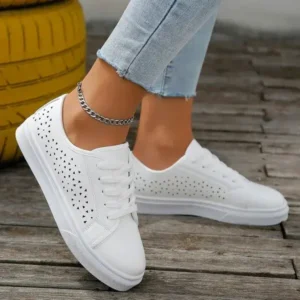 Lipasij Women Fashion Solid Color Plus Size Hollow Lace-Up Round-Toe Sneakers