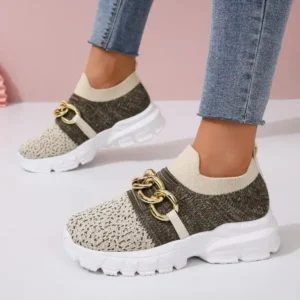 Lipasij Women Fashion Color Block Metal Chain Thick-Soled Breathable Fly-Woven Sneakers