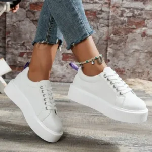 Lipasij Women Fashion Solid Color Round-Toe Lace-Up Thick-Soled Sneakers