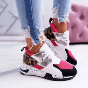 Lipasij Women Casual Leopard Printed Patchwork Lace Up Sneakers