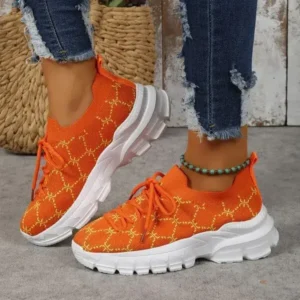 Lipasij Women Fashion Plus Size Casual Flying Woven Lace-Up Round Toe Sneakers