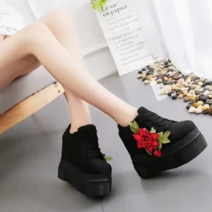 Lipasij Women Fashion Casual PU Floral Printed Thick-Soled Lace-Up Canvas Sneakers