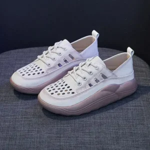 Lipasij Women Fashion Casual Solid Color PU Lace-Up Hollow Breathable Sneakers