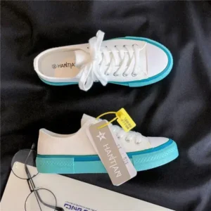 Lipasij Women Fashion Cream Blue Canvas Lace-Up Sneakers