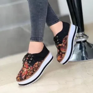 Lipasij Women Fashion Pattern Canvas Flat Lace-Up Sneakers