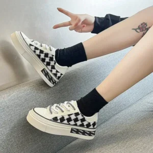 Lipasij Women Fashion Platform Checkerboard Canvas Sneakers