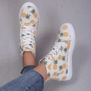 Lipasij Women Fashion Round Toe Lace-Up Pineapple Strawberry Flat Sneakers