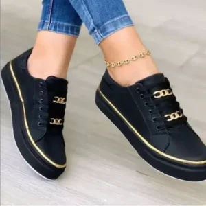 Lipasij Women Thick Bottom Chain Casual Round Toe Fashion Pu Sneakers