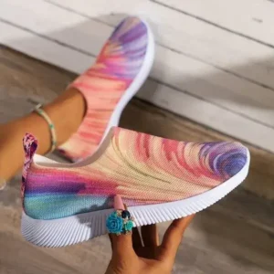 Lipasij Women Fashion Round Multicolor Gradient Rainbow Mesh Sneakers