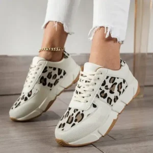 Lipasij Women Fashion Round Toe Stitching Lace Up Low Top Leopard Sports Sneakers